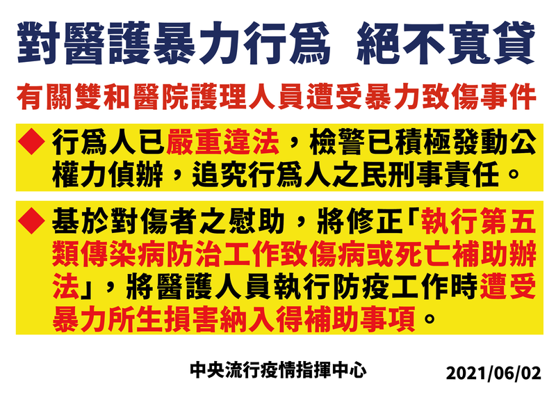 指揮中心指揮官陳時中今天痛批醫療暴力，也表示將嚴懲違法行為，也會照顧受傷的醫護。（圖由指揮中心提供）