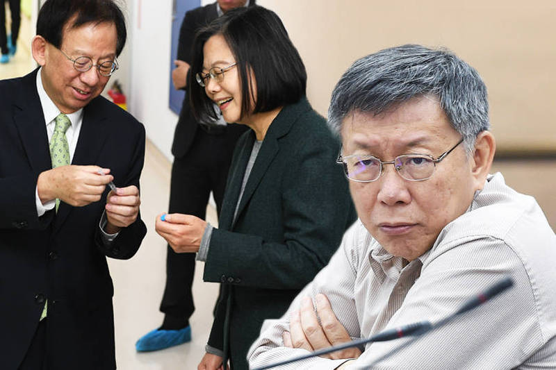台北市長柯文哲（右）批評，「台灣死了超過100人，從來沒看她出來開記者會，反而高端股票跌停她就出來（開記者會）」，林濁水認為，柯文哲發言出自「小人之心」。（高端疫苗提供、資料照；本報合成）
