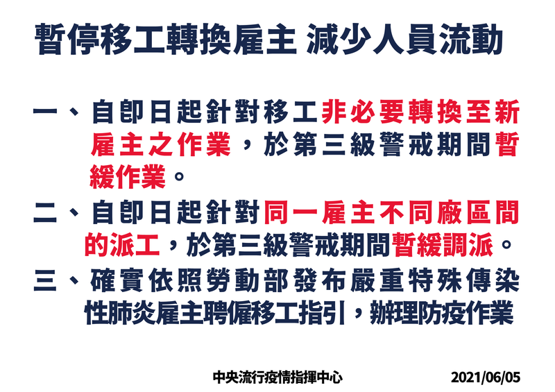 指揮中心表示，應絕對禁止廠區和廠區間的移工流動，而勞動部也明確發布相關指引，並要求非必要轉換雇主、同雇主不同廠區的派工，在三級警戒狀況皆暫緩。（指揮中心提供）