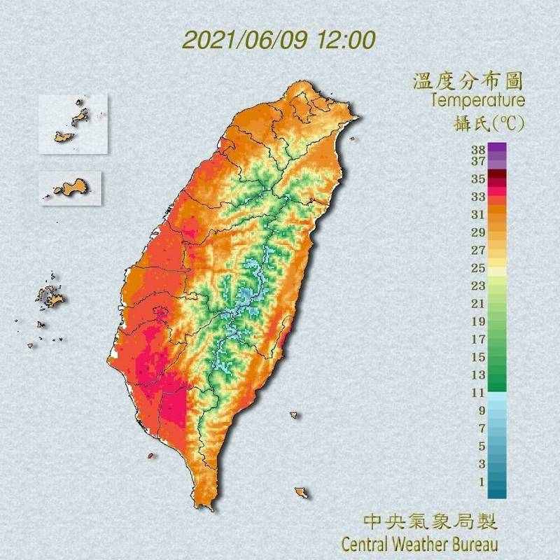 氣象局中午12時44分發布高溫資訊。（擷取自中央氣象局）