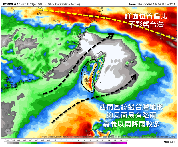 天氣風險分析師吳聖宇表示，今日開始台灣附近西南風逐漸增強，未來這一週都受到暖熱且潮濕的西南風影響，他也貼出歐洲（ECMWF）模式今日至18日累積降雨量預報圖，表示由於西南風漸增強，未來一週迎風面也容易降雨。（圖取自天氣職人-吳聖宇臉書）