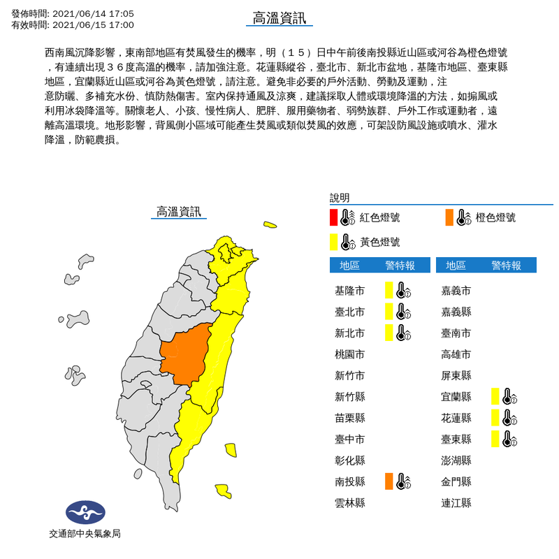 氣象局今日對7縣市發布高溫資訊；另外，因西南風沉降影響，東南部地區有焚風發生的機率，提醒民眾注意。（節取自氣象局）