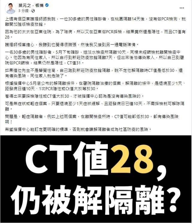 新北市議員葉元之認為，輕症或無症狀確診者的解隔離條件，應該比照醫院解隔離的標準。（記者何玉華翻攝）