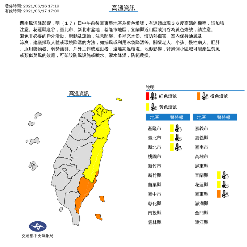 氣象局表示，明天中午前後台東縣地區為橙色燈號，有連續出現36度高溫的機率，請加強注意。花蓮縣縱谷，台北市、新北市盆地，基隆市地區、宜蘭縣近山區或河谷為黃色燈號，請注意。（圖擷取自中央氣象局）