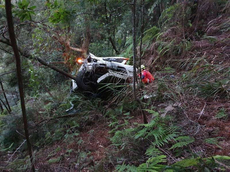 洪男駕駛的小客車幸被樹幹擋住才未繼續往下掉落深80公尺的山谷，消防人員到場救護。（記者歐素美翻攝）