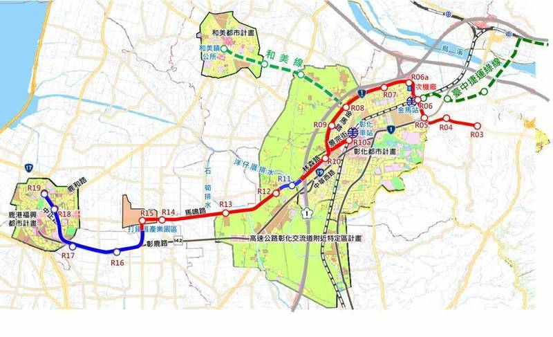 彰化捷運「大竹鹿港線」預計今年底敲定規劃路線，方案2的版本從打鐵厝農場南拐彰鹿路，採高架化進入市區中正路，終點為鹿港轉運站。 （取自彰化縣政府網站）