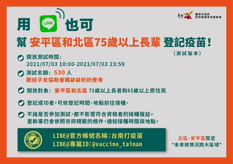 「台南打疫苗」LINE，也可幫安平區和北區75歲以上長輩登記疫苗。（記者洪瑞琴翻攝）