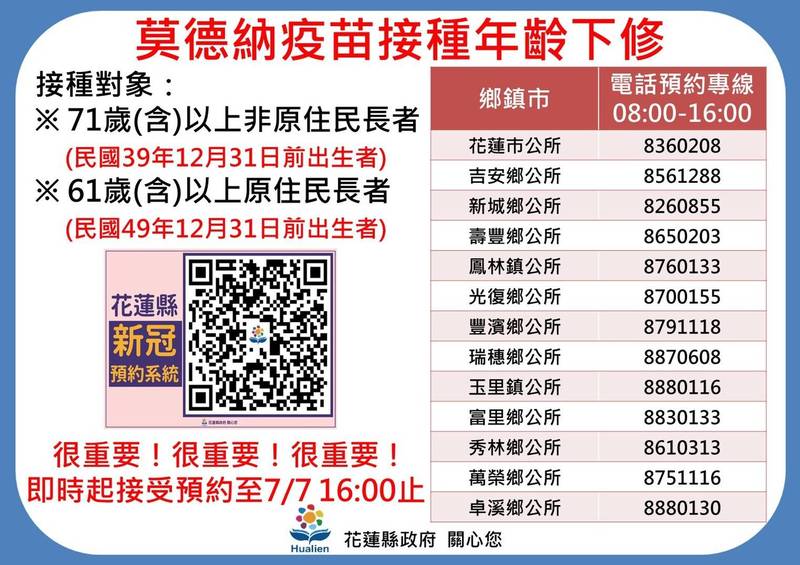 花蓮縣75歲以上非原住民、65歲以上原住民只有不到600人預約接種莫德納疫苗，花蓮縣政府宣布下修至71歲以上非原住民、61歲以上原住民。（花蓮縣政府提供）