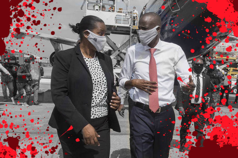 海地總統摩依士（Jovenel Moise）7日在自宅遭槍殺身亡，第一夫人瑪蒂（Martine Moise）受傷。（法新社，本報合成）