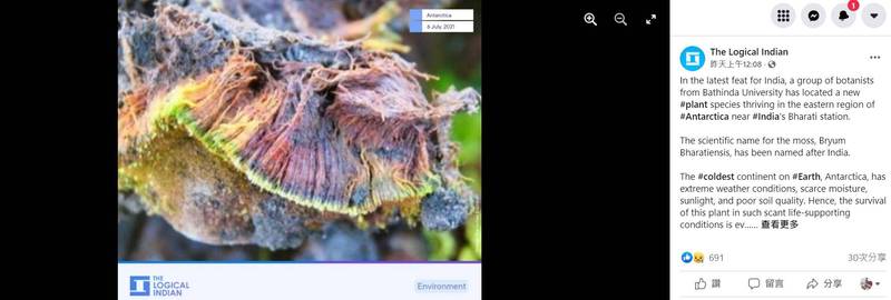 印度科学家2017年于南极洲发现深绿色苔藓，经5年DNA鑑定，确认为新植物物种。（图撷取自The Logical Indian脸书）(photo:LTN)