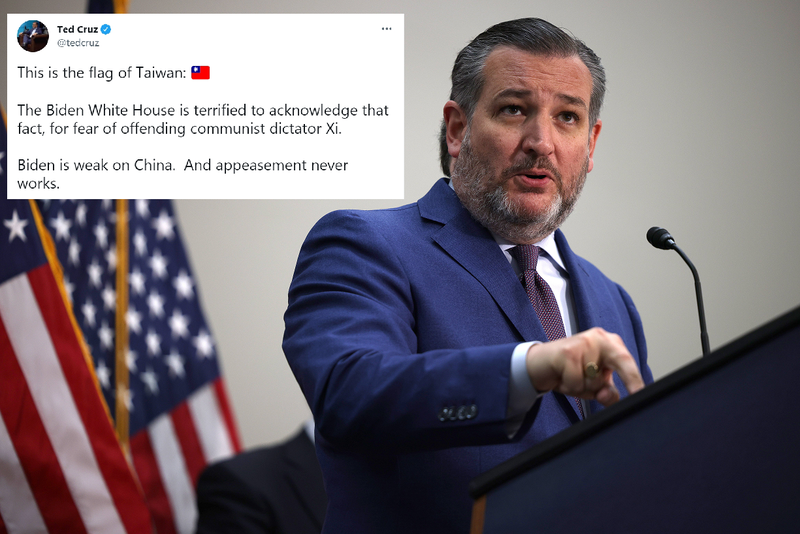 美国共和党籍德州联邦参议员克鲁兹在推特直接贴出台湾国旗，怒呛拜登政府害怕得罪中共领导人习近平。（本报合成，图取自法新社，Ted Cruz推特）(photo:LTN)