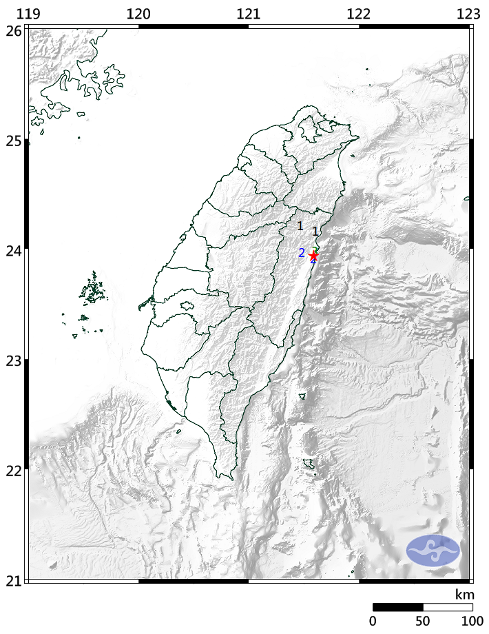 今晚9點53分花蓮發生地震，芮氏規模3.3，最大震度在花蓮縣為3級，是花蓮今天發生第41個地震。（圖擷取自中央氣象局）