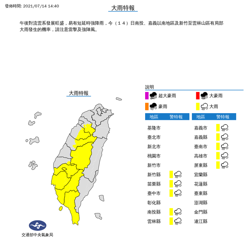 氣象局下午2時40分對新竹縣、苗栗縣、台中市、南投縣、雲林縣、嘉義市、嘉義縣、台南市、高雄市與屏東縣等10縣市發布大雨特報。（擷取自中央氣象局）