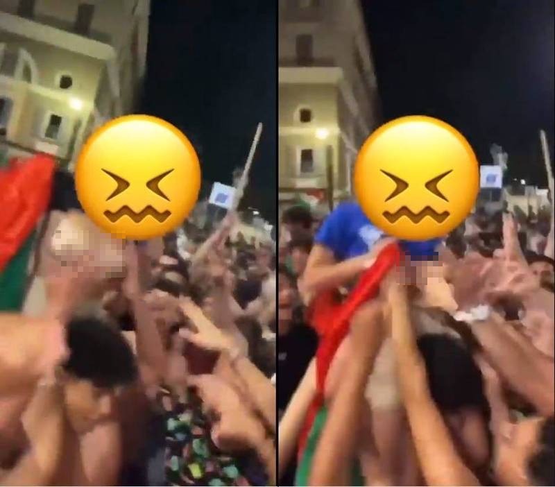 在本次歐洲盃足球賽中，義大利險勝西班牙，義大利球迷紛紛狂歡慶祝，有女球迷在過程中掀開上衣露乳慶賀，沒想到竟遭周圍的陌生男子群起湧上前襲胸，引發外界議論。（圖擷自Selvaggia Lucarelli推特）
