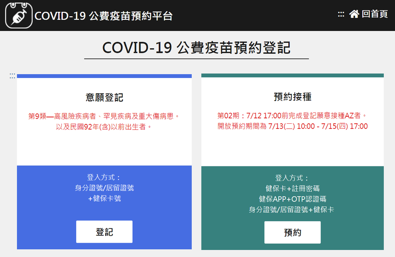 COVID-19公費疫苗預約登記原規劃在今晚收單，將延長到下週一（19日）中午止。（圖擷自公費疫苗預約平台）