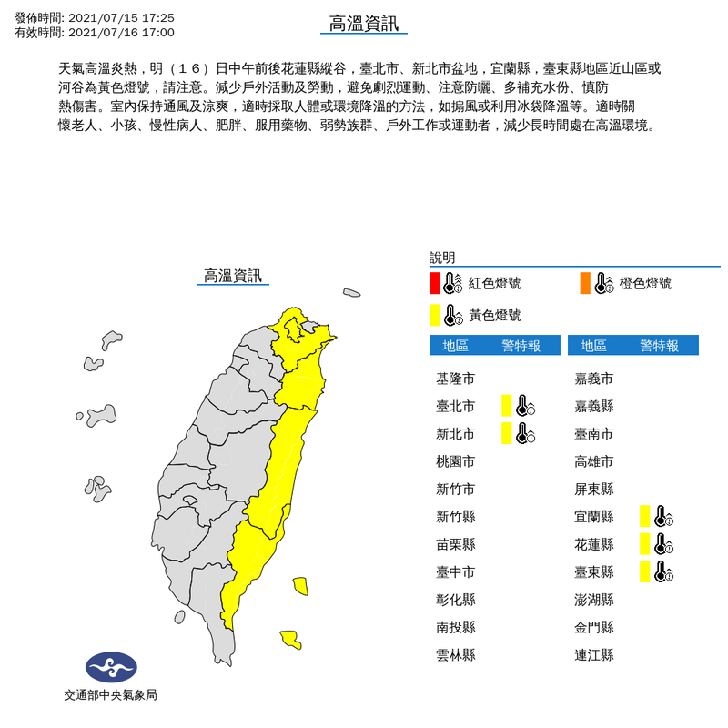 中央氣象局發布高溫資訊，明天中午前後台北市、新北市、宜蘭縣、花蓮縣及台東縣等5縣市為黃色燈號，請民眾注意高溫。（圖擷取自中央氣象局）