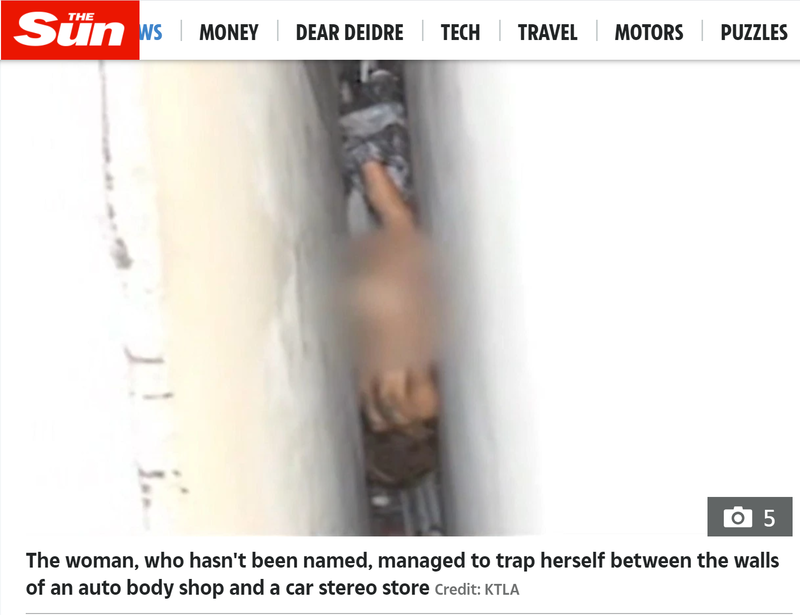 加州橘郡日前发生一名女子，诡异卡在两栋20公分间距的大楼墙缝之间，引发热议。（图翻摄自太阳报）(photo:LTN)