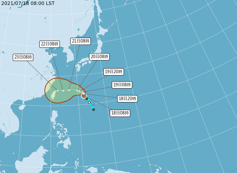 今年編號第6號颱風烟花（國際命名IN-FA）路徑潛勢預報。（圖由中央氣象局提供）