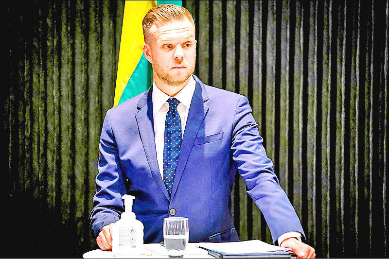 Lithuanian Minister of Foreign Affairs Gabrielius Landsbergis speaks at a news conference in Copenhagen, Denmark, on June 4.
Photo: Reuters