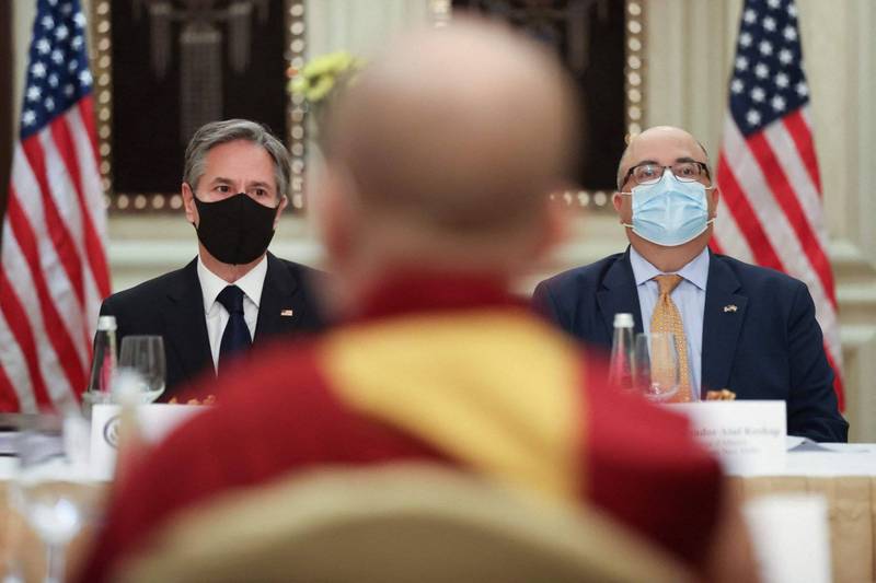 美国国务卿布林肯（Antony Blinken）今天在新德里会晤西藏精神领袖达赖喇嘛的一位代表。（法新社）(photo:LTN)