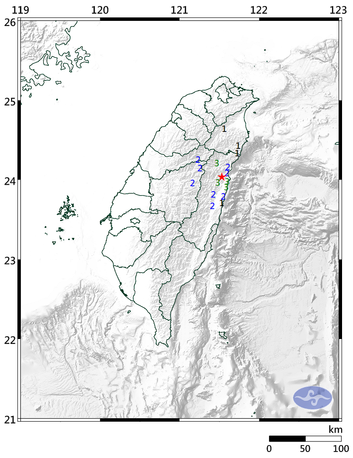 花蓮縣今天晚間6點41分發生地震，芮氏規模4.0，最大震度在花蓮為3級。（圖擷取自中央氣象局）