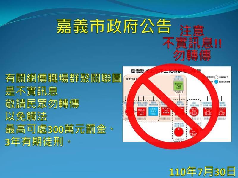 嘉市政府呼籲，防疫資訊均應由指揮中心與地方政府正式公布。（嘉市政府提供）