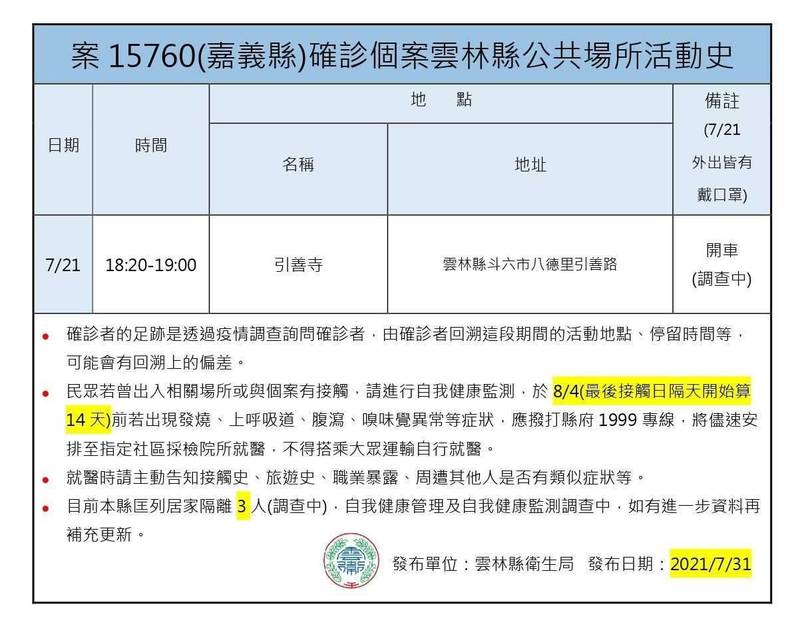 雲林縣府公布案15760到雲林足跡。（雲林縣府提供）