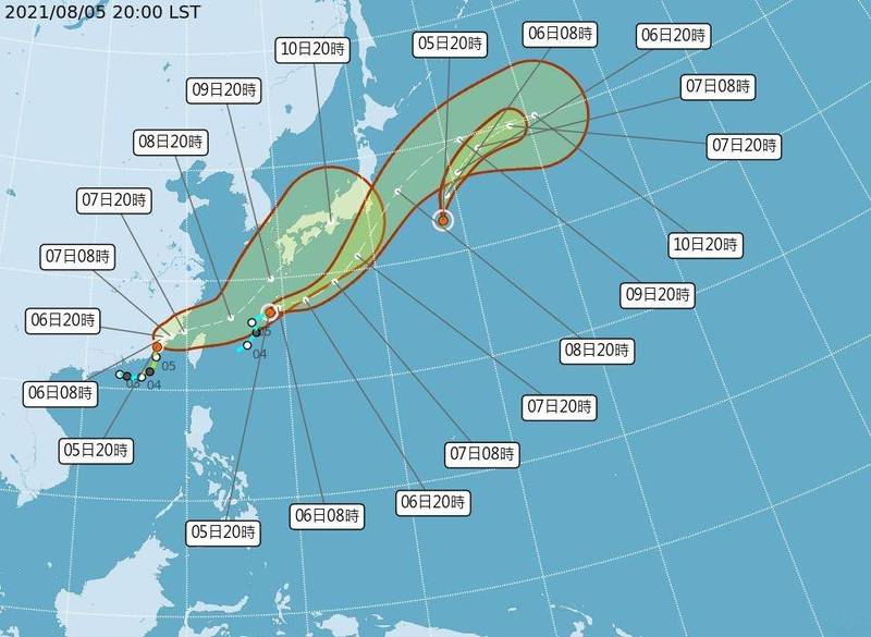 盧碧今天晚上8時的中心位置在北緯24.0度，東經117.0度，以每小時6公里速度，向北北東進行。（中央氣象局提供）