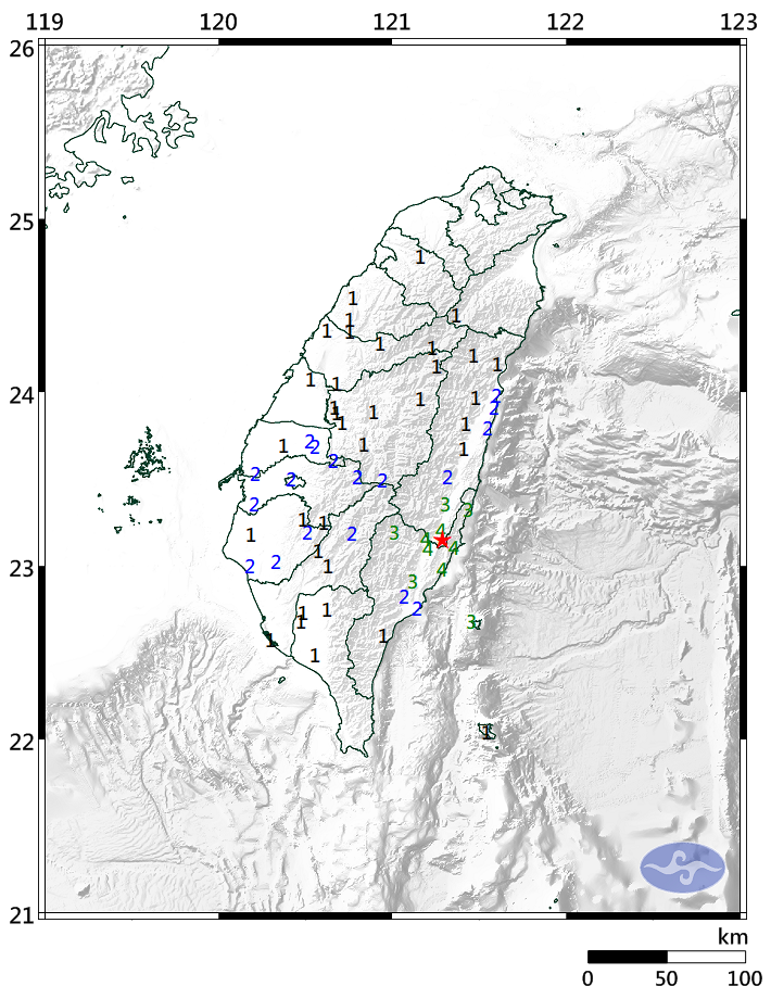 中央氣象局表示，今天晚上7點12分花蓮縣發生有感地震，芮氏規模5.4，最大震度在花蓮、台東為4級。（圖擷取自中央氣象局）