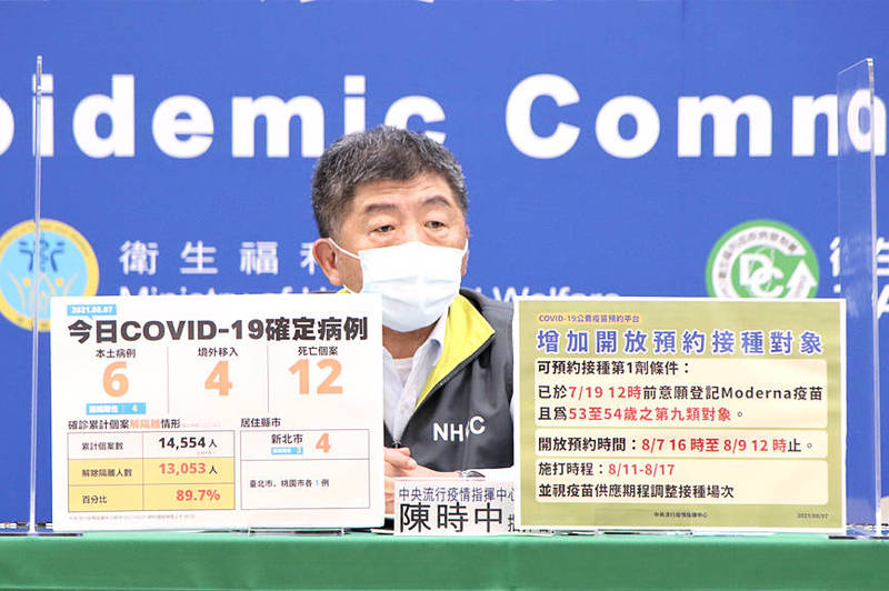 Minister of Health and Welfare Chen Shih-chung delivers a COVID-19 situation report at the Central Epidemic Command Center in Taipei yesterday.
Photo courtesy of the Central Epidemic Command Center