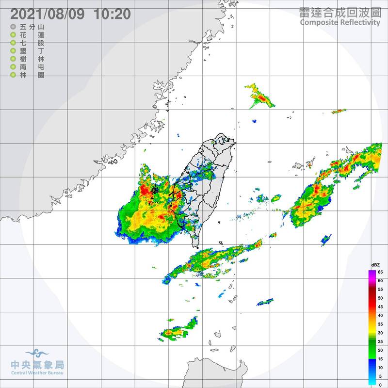 西南氣流減弱但西南風雲系仍然盤據，今天中南部整天仍有短暫陣雨或雷雨，北部、東北部以及各地山區須留意瞬間強降雨或局部大雨、豪雨。（中央氣象局提供）