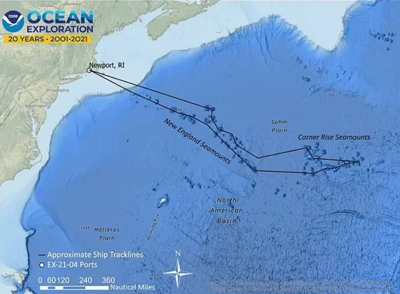 美国国家海洋暨大气总署新闻稿指出，探险队在美国东海岸移动，以罗德岛州做为起点，沿着海面下的海底山脉移动到大西洋更深之处。（图取自NOAA）(photo:LTN)