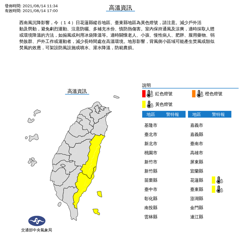 氣象局上午11時34分發布高溫特報指出，西南風沉降影響，今（14日）花蓮縣縱谷地區、台東縣地區為黃色燈號。（擷取自中央氣象局）
