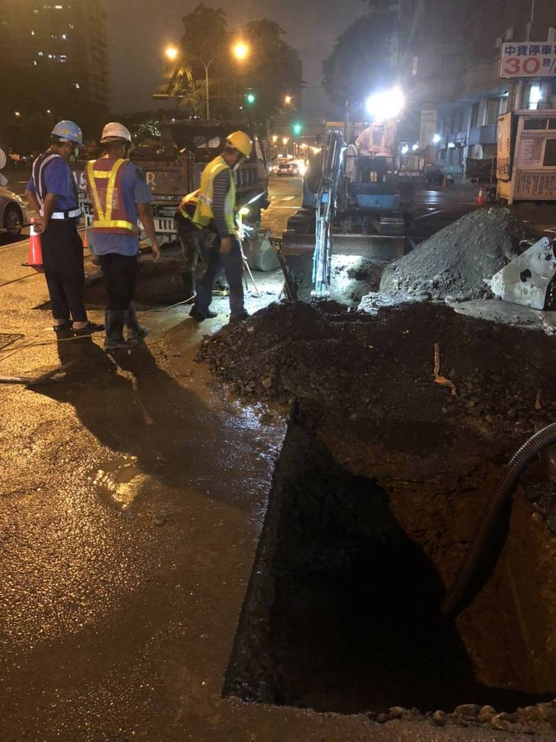 台中市南區忠明南路14日下午出現天坑,台水四區處表示,經連夜搶修已於當天凌晨12點30分恢復供水。(水公司提供) 台中市南區忠明南路14日下午出現天坑,台水四區處表示,經連夜搶修已於當天凌晨12點30分恢復供水。(水公司提供)