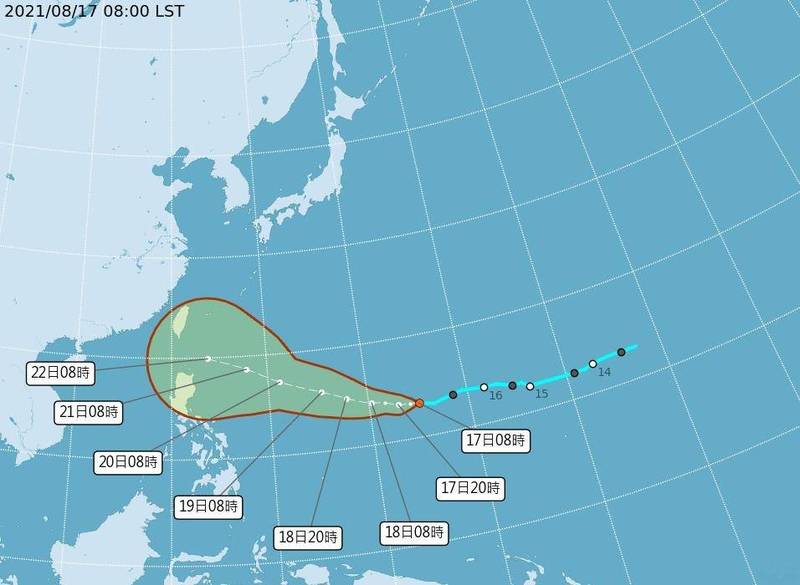 氣象局今天上午8點公布TD14路徑潛勢圖，TD14上午8時的中心位置在北緯13.3度，東經145.0 度，以每小時27公里速度，向西進行。（圖由中央氣象局提供）