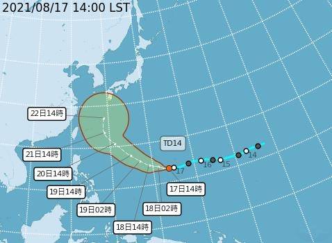 熱帶性低壓TD1417日14時的中心位置在北緯13.3度，東經143.7度，以每小時24公里速度，向西進行。中心氣壓1006百帕，近中心最大風速每秒12公尺，瞬間最大陣風每秒20公尺。（中央氣象局提供）