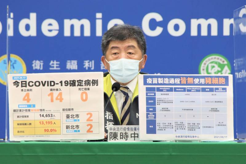 指揮中心指揮官陳時中今（17日）表示，目前我國同意專案輸入或製造（EUA）的COVID-19疫苗均不含豬細胞。（圖由指揮中心提供）
