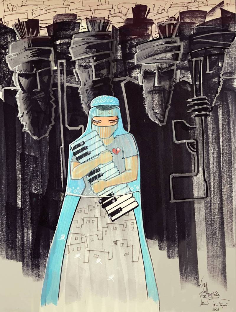 哈萨尼的作品「梦魇」，女子背后的神学士士兵模样骇人。（图翻摄自哈萨尼推特）(photo:LTN)