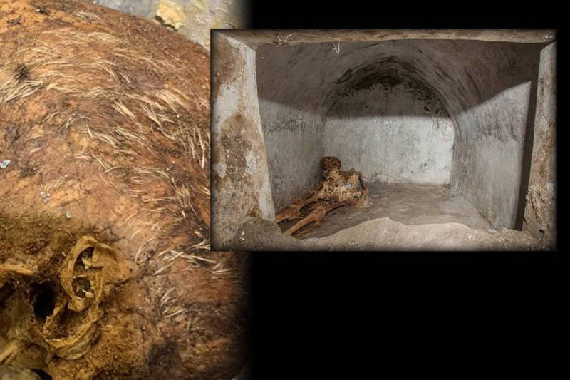 庞贝古城遗迹一座坟墓中发现一具骨骸，头骨上还残留头皮、白发及部分耳朵组织。（欧新社、美联社，本报合成）(photo:LTN)