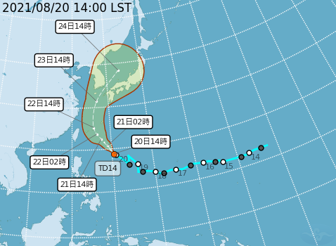 熱帶低氣壓「TD14」死灰復燃，可能在明晚到後天較接近台灣，影響不大但北部、東半部可能有短暫陣雨。（圖擷取自中央氣象局）