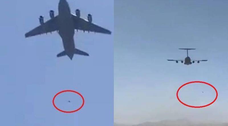 日前有阿富汗民众逃难时强行爬上美国军机的起落架，飞机起飞没多久就从高空被抛下当场摔死。（图取自推特）(photo:LTN)