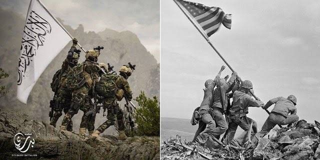神学士近期在网路上发佈了一张讽刺美国的照片，麾下的巴德里第313特战旅（图左）刻意模仿美军1945年在硫磺岛的升旗画面（图右）。（撷取自推特）(photo:LTN)