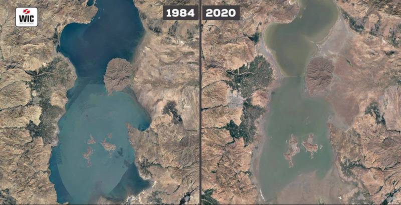 卫星照片显示，1984年的湖泊（图左）与2020年的湖泊（图右）相比，面积流失了超过一半以上。（图翻摄自WIC - World is Changing官方YouTube）(photo:LTN)