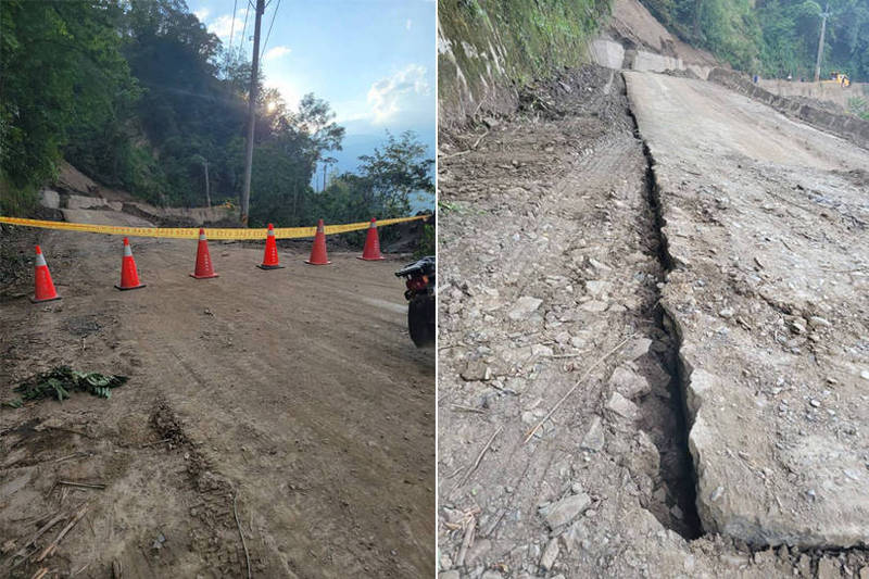 仁愛鄉力行產業道路紅香路段下午才封路避險，果真傍晚就發生嚴重崩塌。（民眾提供；本報合成）