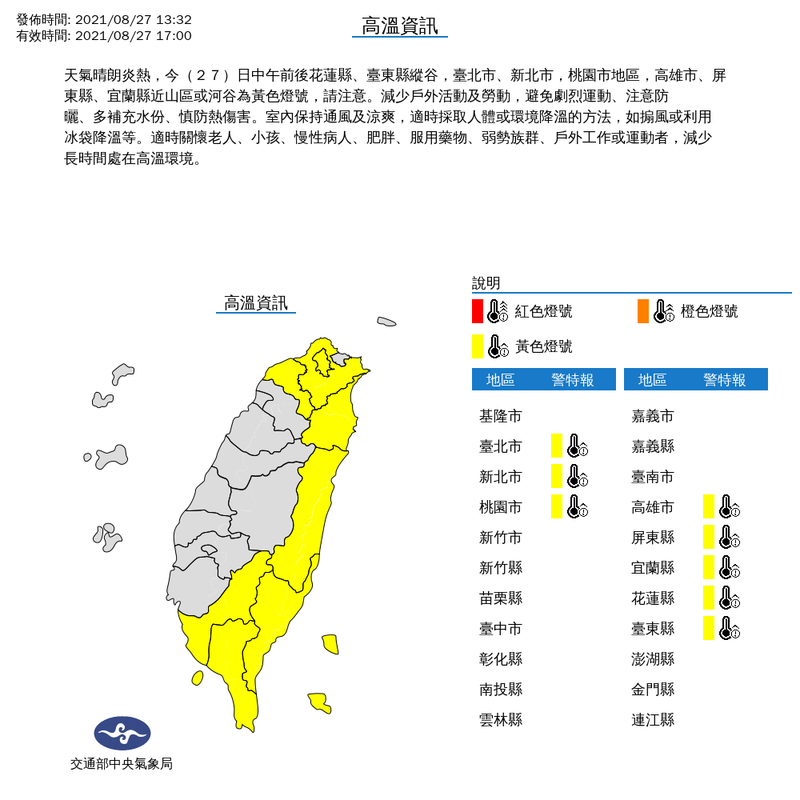 氣象局下午1時32分對8縣市發布高溫特報。（擷取自中央氣象局）