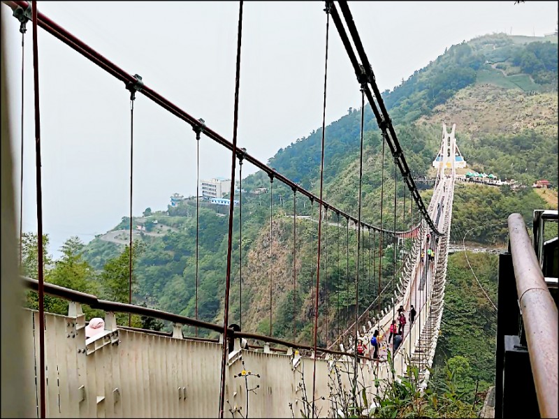 8月初西南氣流加上颱風外圍環流影響，帶來豪雨，阿里山國家風景區管理處18日起，針對轄內太平雲梯、二延平步道、竹坑溪步道等，進行年度檢測，其中太平雲梯的橋體、橋塔及吊索結構，經檢查評估，整體結構安全無虞，提前於今天開放。因應全國二級疫情警戒，太平雲梯管制登橋人數上限為150人。（圖文：記者王善嬿）