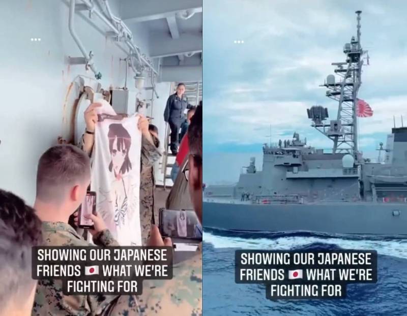 推特今日流出一张照片，传美军一艘战舰与日本战舰并行时，美军士兵晒出日本知名动漫「不起眼女主角培育法」中女主角的抱枕套以示友好。（撷取自推特@akira2202_）(photo:LTN)