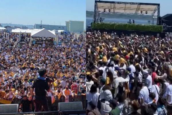 日本爱知县29日举行1场大型户外音乐祭，现场民众人满为患，无人保持社交距离，主办单位甚至还有提供酒精，完全无视防疫规定。（图撷取自推特）(photo:LTN)