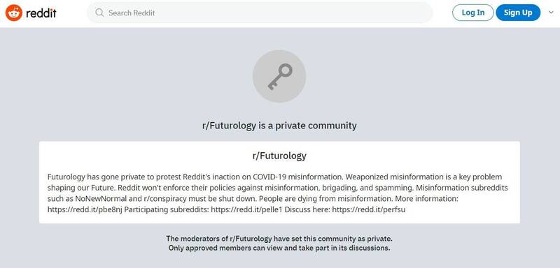 参与抗议Reddit站方不处理假资讯氾滥问题的次版r/Futurology贴出的抗议声明。（取自Reddit网站）(photo:LTN)
