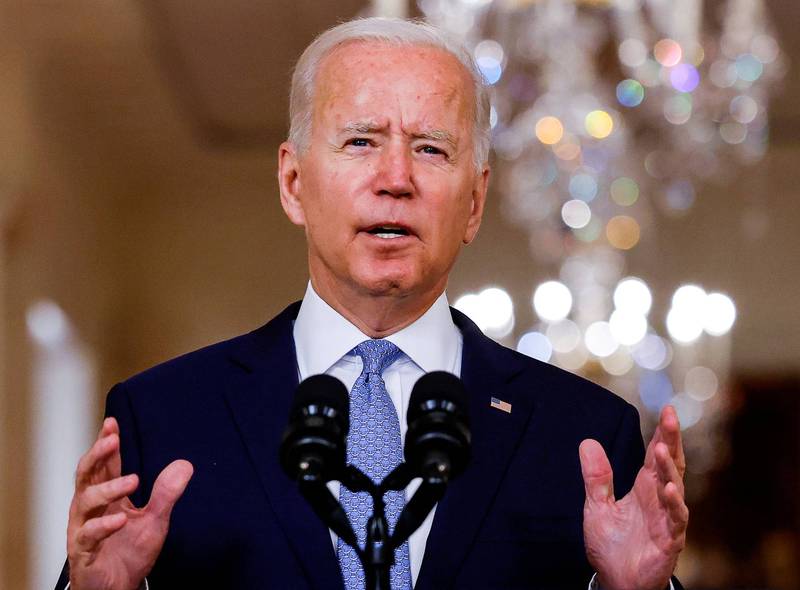 美國總統拜登（Joe Biden）8月31日在白宮國宴廳就阿富汗戰爭結束發表談話。（路透）